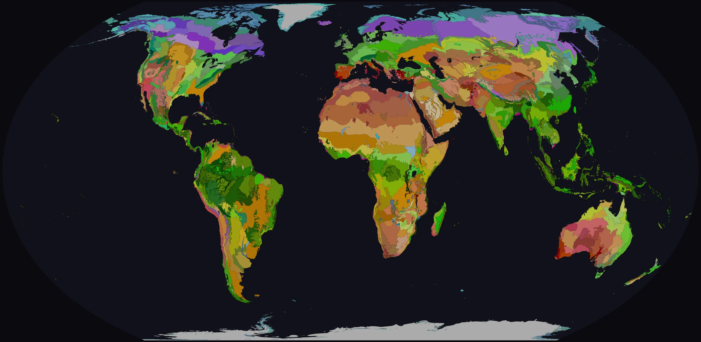 A map of the world in hundreds of colours, one for each of Earth’s 846 land ecoregions: violets across the far north, aqua along the Arctic coasts, deep greens in the Amazon, the Congo and Southeast Asia, browns, ochres and sands across the Sahara, Arabia and Australia, reds around the Mediterranean, and light grey ice on Greenland and Antarctica.